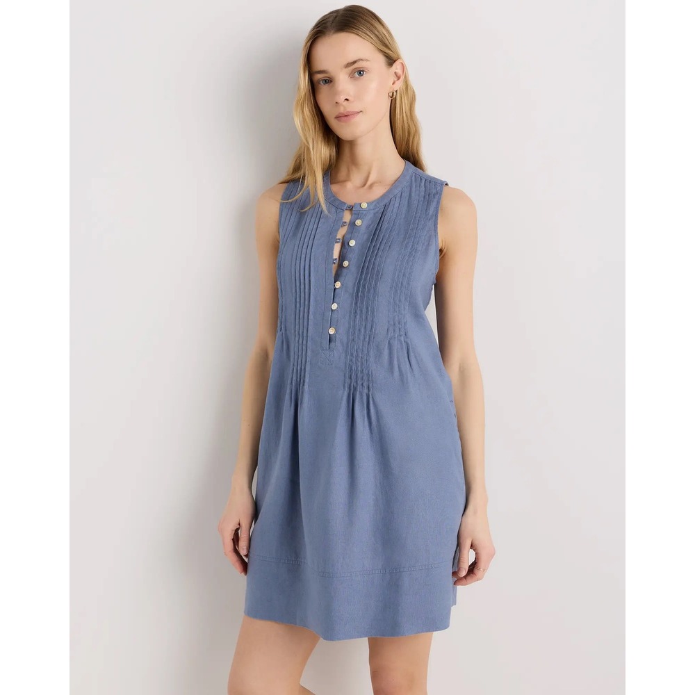 Quince 100% European Linen Sleeveless Swing Dress Moonstone Blue Pintuck M